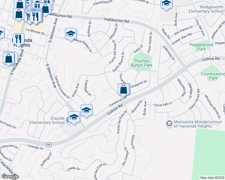 map of restaurants, bars, coffee shops, grocery stores, and more near 16343 Soriano Drive in Hacienda Heights