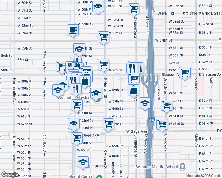 map of restaurants, bars, coffee shops, grocery stores, and more near 5879 Bonsallo Avenue in Los Angeles