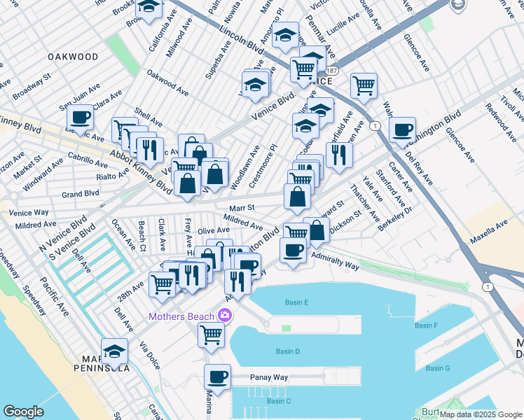 map of restaurants, bars, coffee shops, grocery stores, and more near 666 Marr Street in Los Angeles