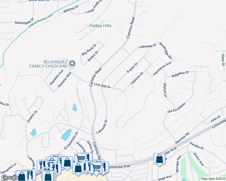 map of restaurants, bars, coffee shops, grocery stores, and more near 7600 Live Oak Drive in Riverside