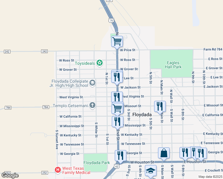 map of restaurants, bars, coffee shops, grocery stores, and more near 201-299 North 2nd Street in Floydada