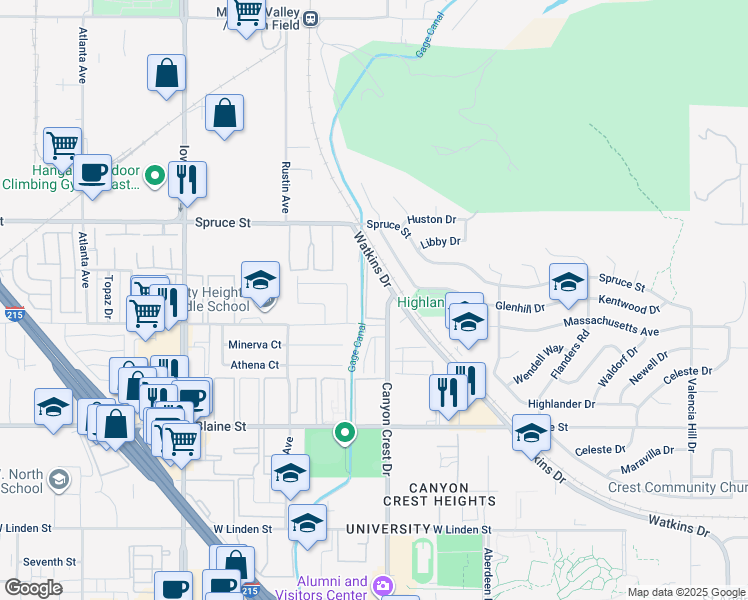 map of restaurants, bars, coffee shops, grocery stores, and more near 2891 Canyon Crest Drive in Riverside