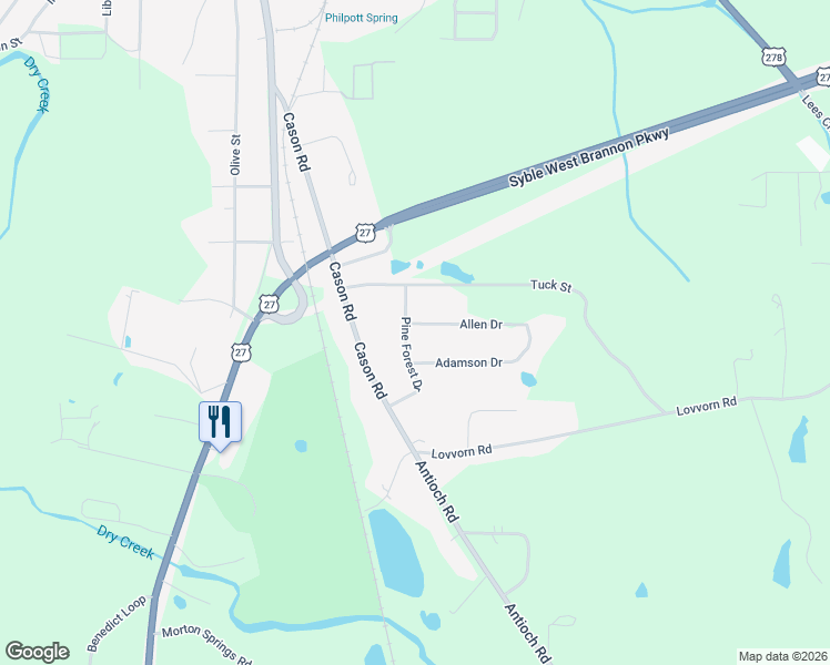 map of restaurants, bars, coffee shops, grocery stores, and more near 93 Pine Forest Drive in Cedartown
