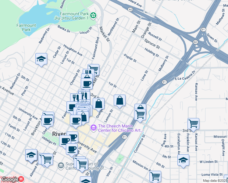map of restaurants, bars, coffee shops, grocery stores, and more near 3154 Orange Street in Riverside