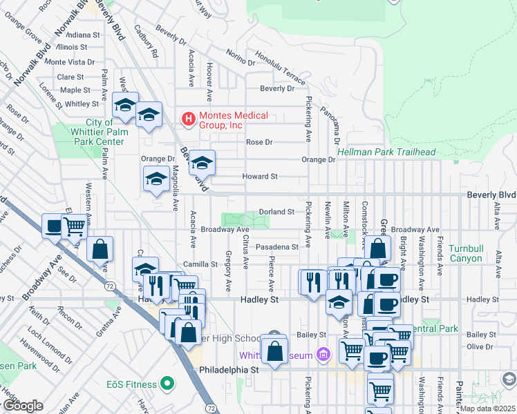map of restaurants, bars, coffee shops, grocery stores, and more near 12321 Dorland Street in Whittier
