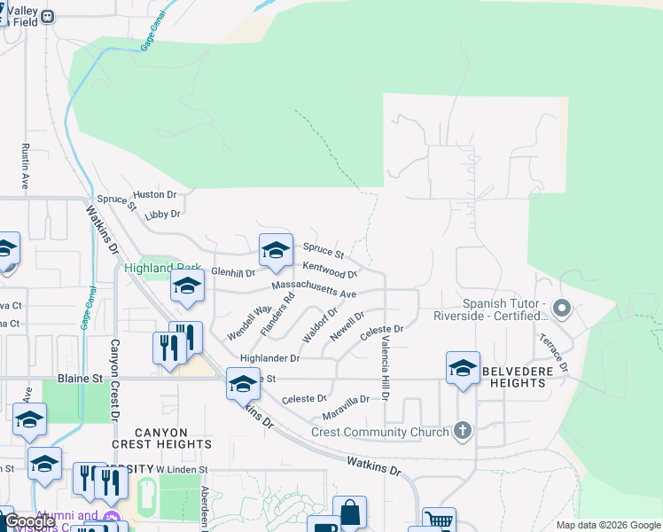 map of restaurants, bars, coffee shops, grocery stores, and more near 430 Glenhill Drive in Riverside