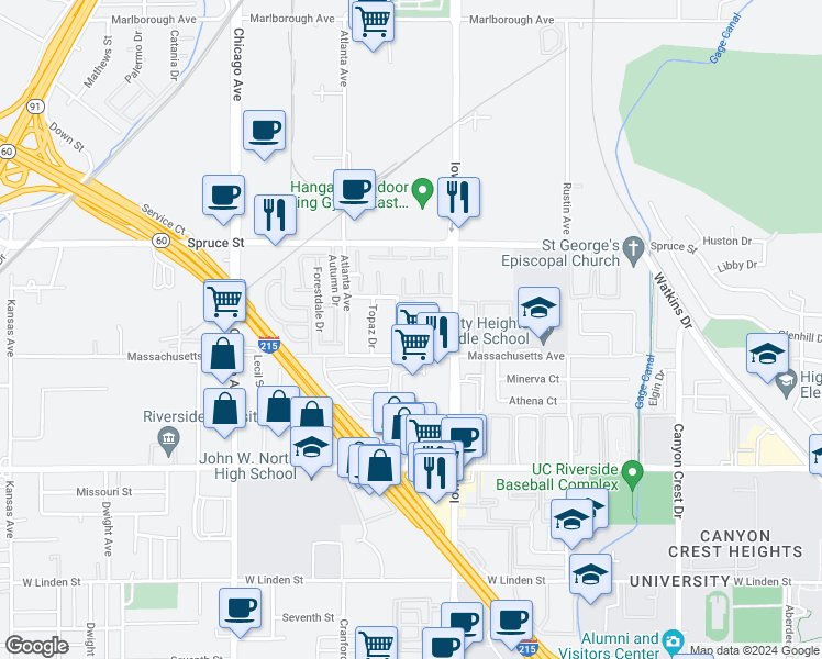 map of restaurants, bars, coffee shops, grocery stores, and more near 1331 Turquoise Street in Riverside