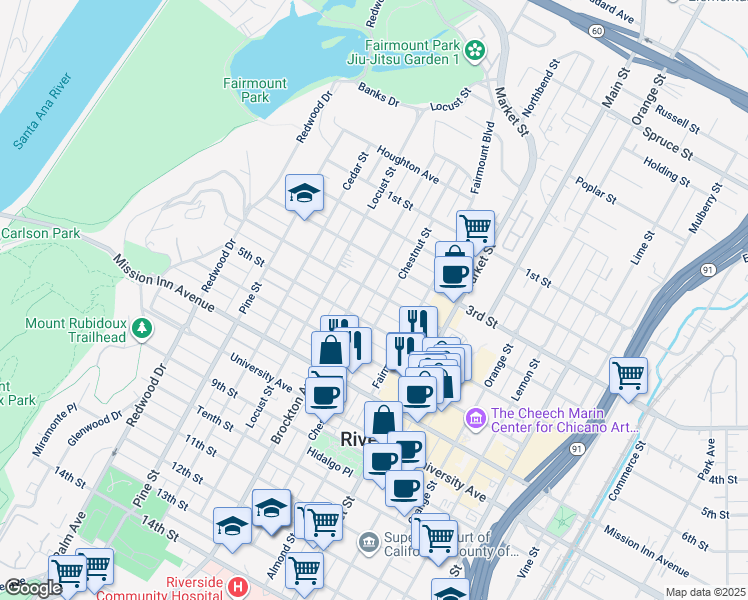 map of restaurants, bars, coffee shops, grocery stores, and more near 4039 5th Street in Riverside