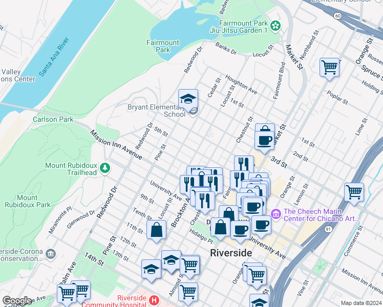 map of restaurants, bars, coffee shops, grocery stores, and more near 4245 6th Street in Riverside