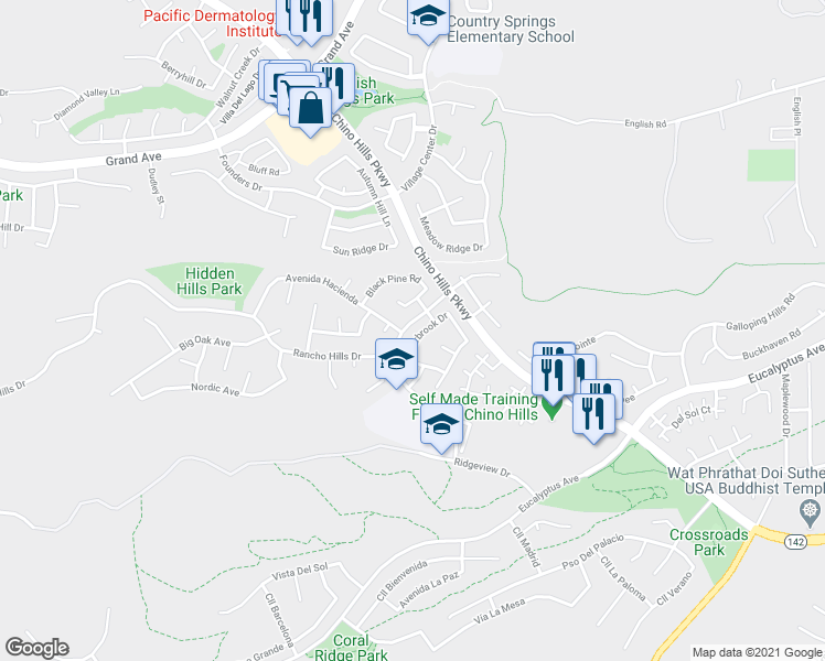 map of restaurants, bars, coffee shops, grocery stores, and more near 14658 Clearbrook Drive in Chino Hills