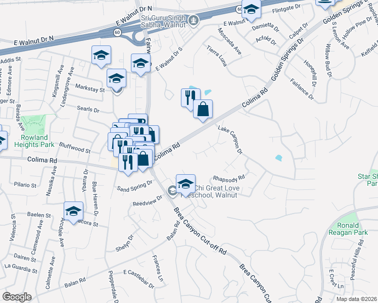 map of restaurants, bars, coffee shops, grocery stores, and more near 20002 Emerald Meadow Drive in Walnut