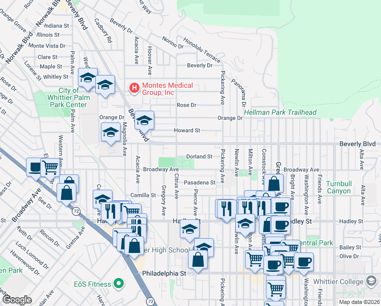 map of restaurants, bars, coffee shops, grocery stores, and more near 6031 Citrus Avenue in Whittier