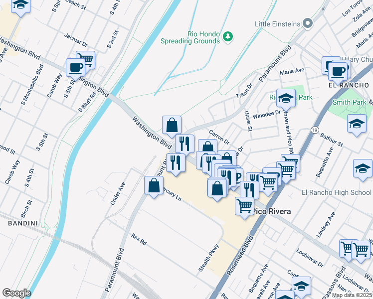 map of restaurants, bars, coffee shops, grocery stores, and more near 8450 Washington Boulevard in Pico Rivera