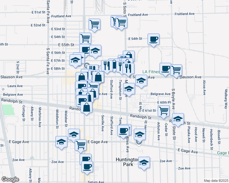 map of restaurants, bars, coffee shops, grocery stores, and more near 6000 Stafford Avenue in Huntington Park