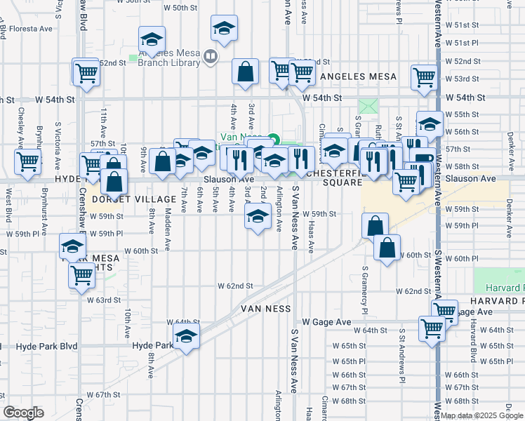 map of restaurants, bars, coffee shops, grocery stores, and more near 2409 West 59th Street in Los Angeles