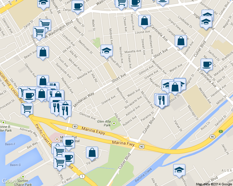 map of restaurants, bars, coffee shops, grocery stores, and more near 12920 Greene Avenue in Los Angeles