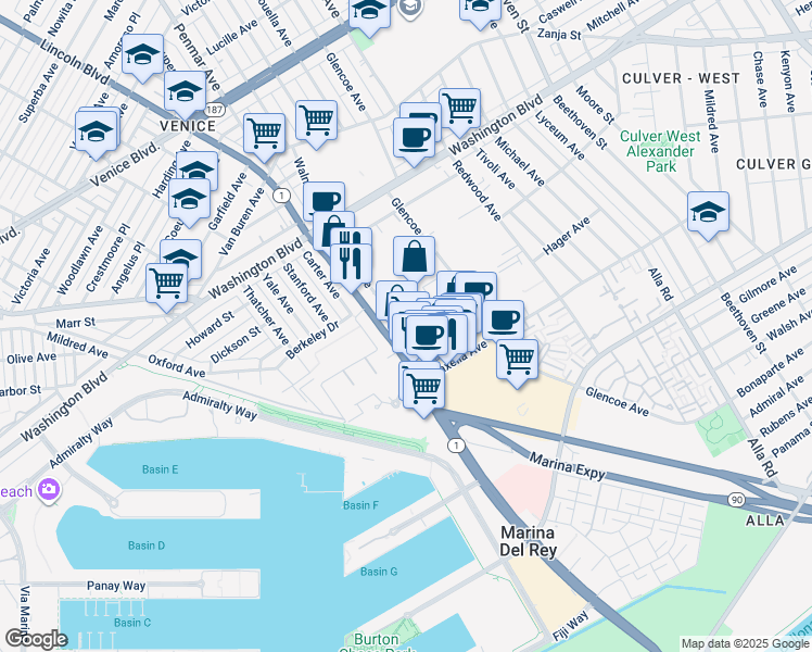 map of restaurants, bars, coffee shops, grocery stores, and more near 4204 Lincoln Boulevard in Marina del Rey