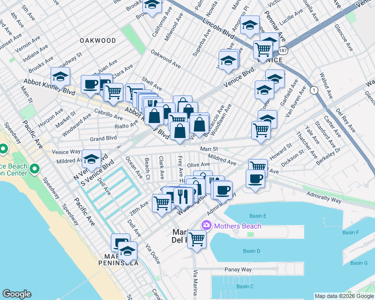 map of restaurants, bars, coffee shops, grocery stores, and more near 2322 Cloy Avenue in Los Angeles