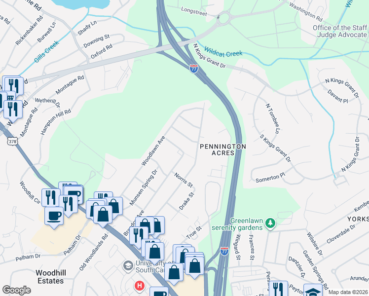 map of restaurants, bars, coffee shops, grocery stores, and more near 1117 Brandon Avenue in Columbia