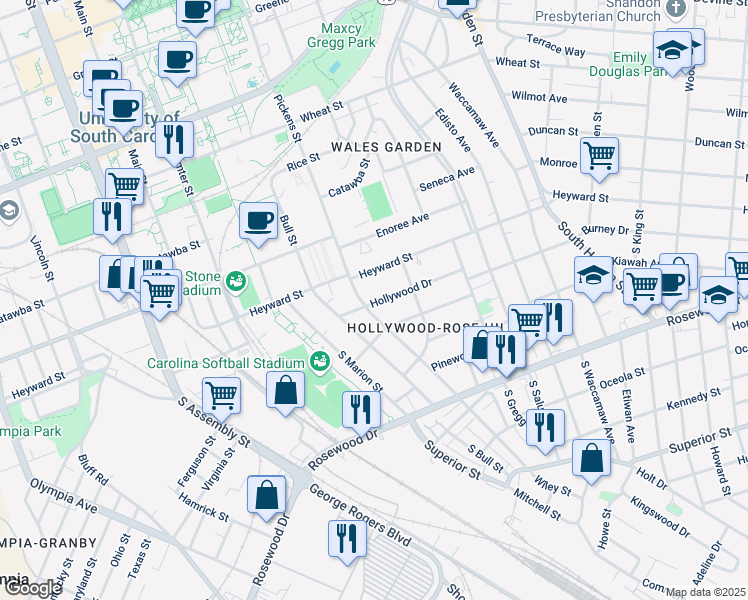 map of restaurants, bars, coffee shops, grocery stores, and more near 137 South Pickens Street in Columbia