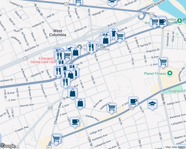 map of restaurants, bars, coffee shops, grocery stores, and more near 922c C Avenue in West Columbia