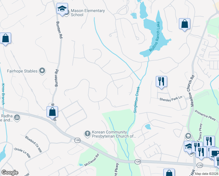 map of restaurants, bars, coffee shops, grocery stores, and more near 2554 Thurleston Lane in Duluth