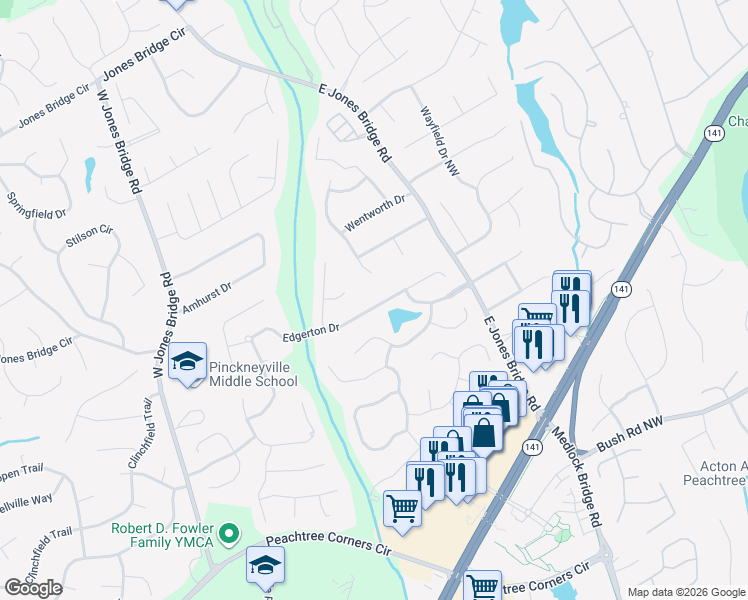 map of restaurants, bars, coffee shops, grocery stores, and more near 5231 Edgerton Drive Northwest in Norcross