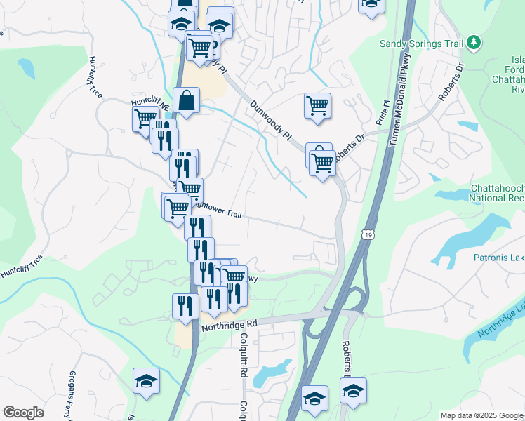 map of restaurants, bars, coffee shops, grocery stores, and more near 1260 Hightower Trail in Sandy Springs