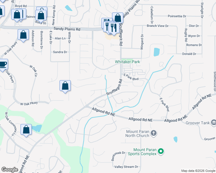 map of restaurants, bars, coffee shops, grocery stores, and more near 1500 Gateview Way in Marietta