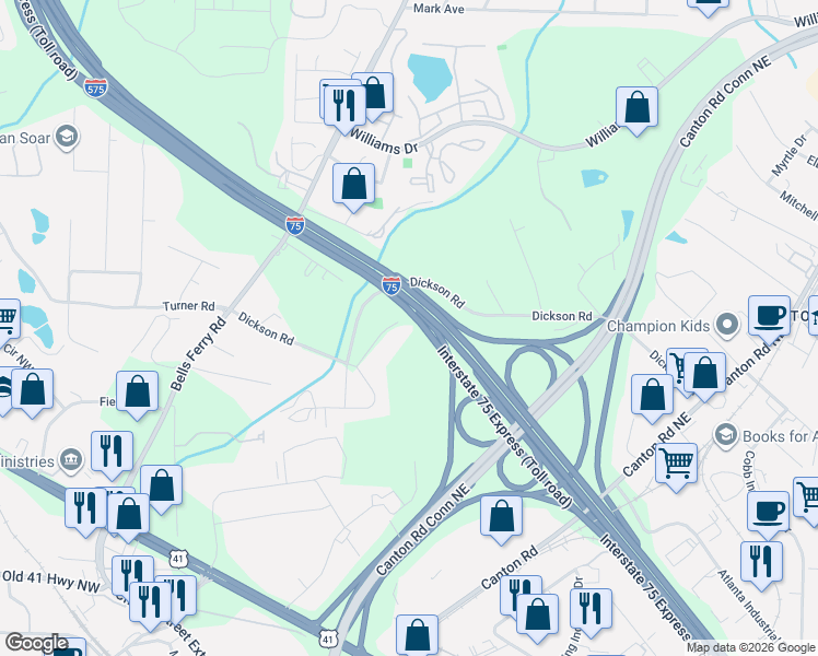 map of restaurants, bars, coffee shops, grocery stores, and more near State Highway 5 in Marietta