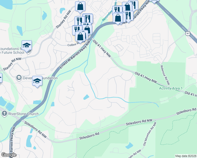 map of restaurants, bars, coffee shops, grocery stores, and more near 1460 Mountain Reserve Drive in Kennesaw