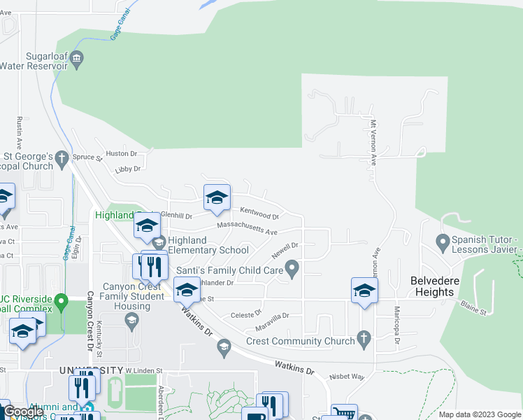 map of restaurants, bars, coffee shops, grocery stores, and more near 425 Glenhill Drive in Riverside