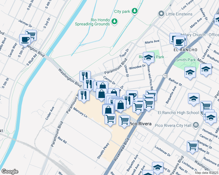 map of restaurants, bars, coffee shops, grocery stores, and more near 6622 Phaeton Avenue in Pico Rivera