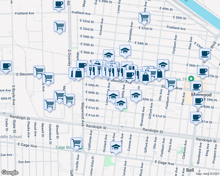 map of restaurants, bars, coffee shops, grocery stores, and more near 5932 Loma Vista Avenue in Huntington Park