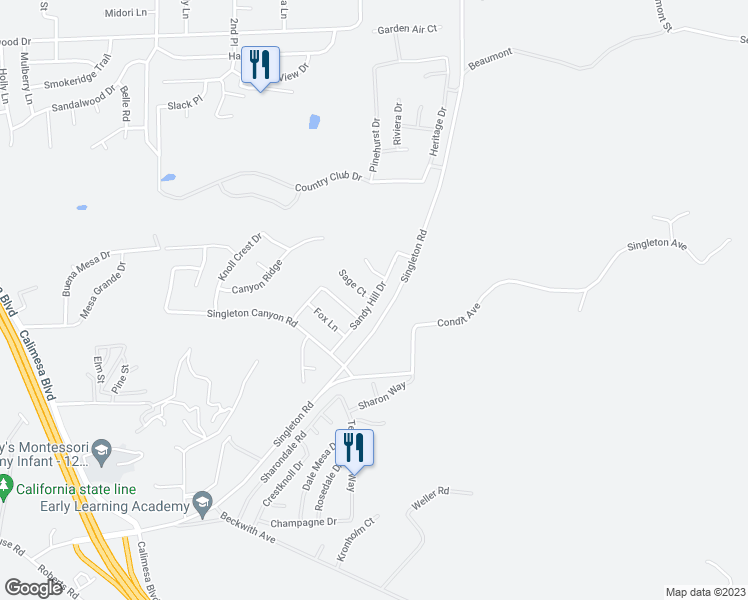 map of restaurants, bars, coffee shops, grocery stores, and more near Sandy Hill in Calimesa