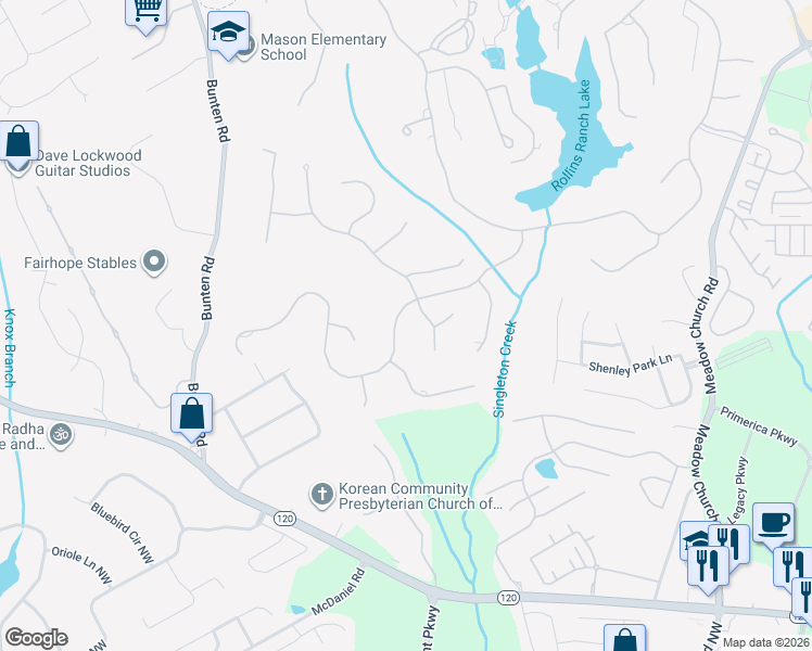 map of restaurants, bars, coffee shops, grocery stores, and more near 2554 Thurleston Lane in Duluth