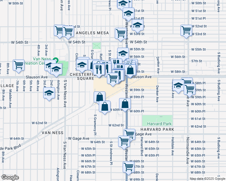 map of restaurants, bars, coffee shops, grocery stores, and more near 5950 South Saint Andrews Place in Los Angeles