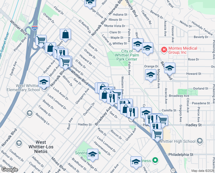 map of restaurants, bars, coffee shops, grocery stores, and more near 11232 El Rey Drive in Whittier