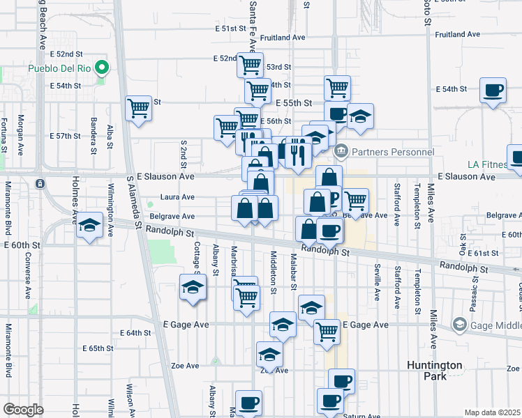 map of restaurants, bars, coffee shops, grocery stores, and more near 6022 Santa Fe Avenue in Huntington Park