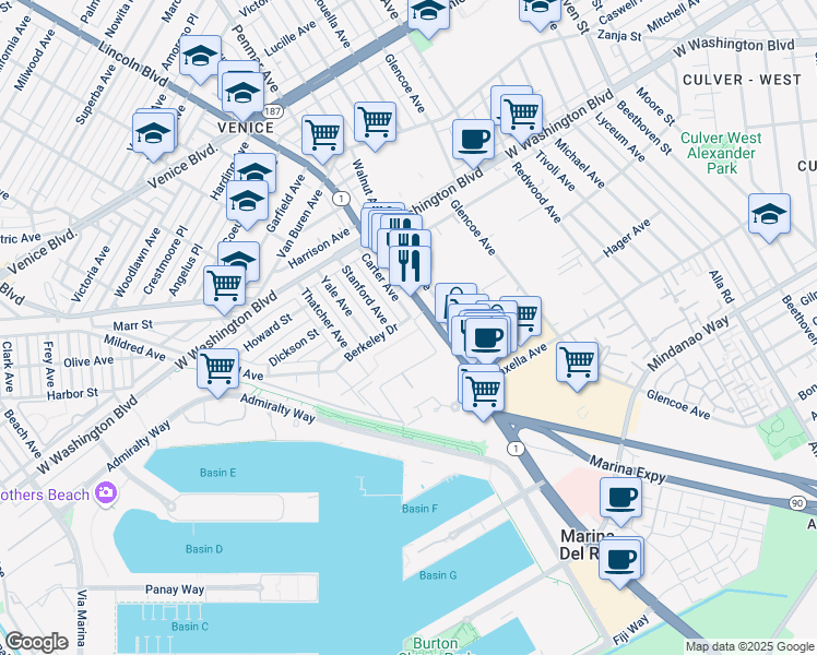 map of restaurants, bars, coffee shops, grocery stores, and more near 1116 Berkeley Drive in Los Angeles