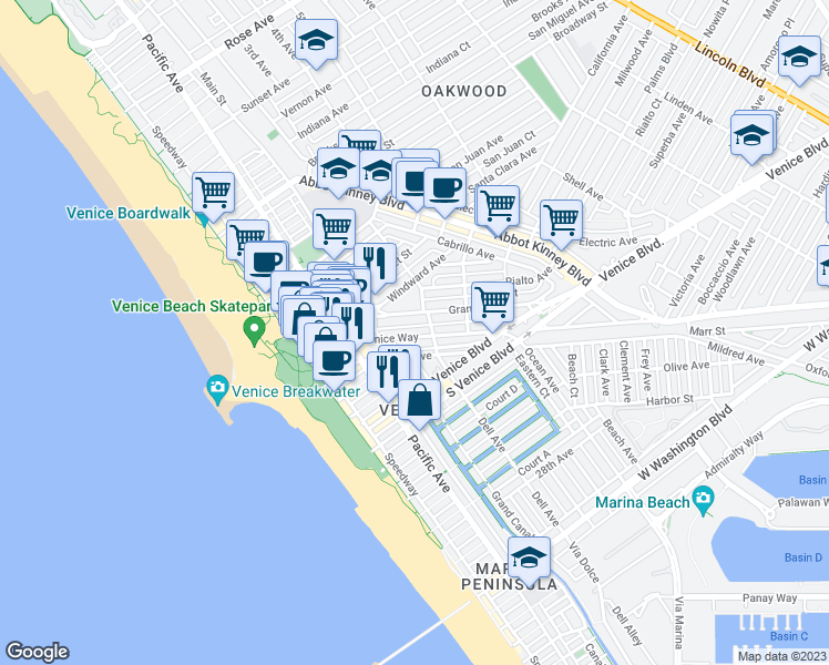 map of restaurants, bars, coffee shops, grocery stores, and more near 313 Venice Way in Los Angeles