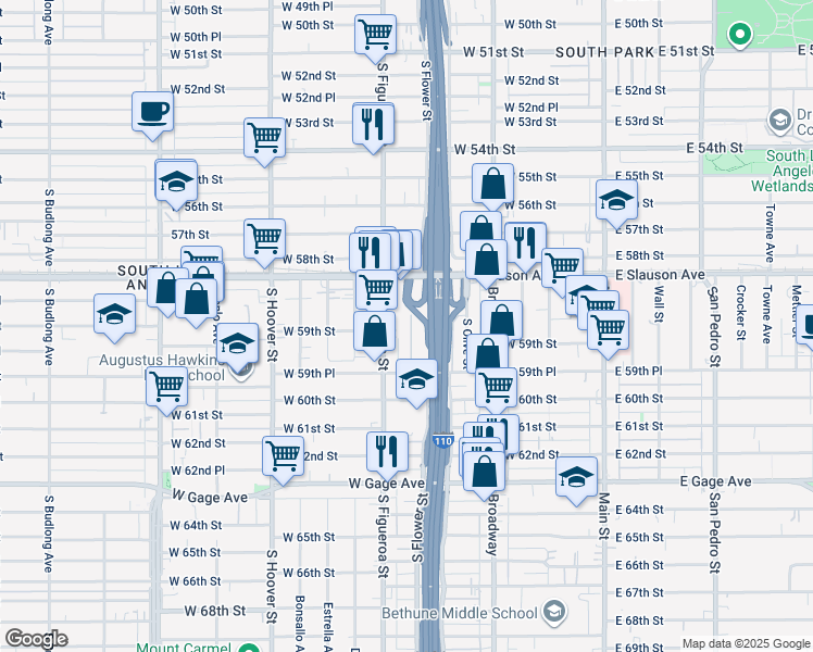 map of restaurants, bars, coffee shops, grocery stores, and more near 5875 South Flower Street in Los Angeles