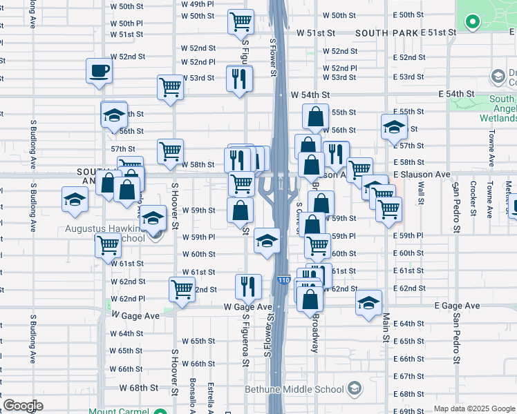 map of restaurants, bars, coffee shops, grocery stores, and more near 5875 South Flower Street in Los Angeles