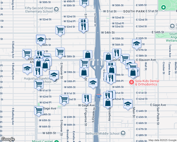 map of restaurants, bars, coffee shops, grocery stores, and more near 5912 South Figueroa Street in Los Angeles