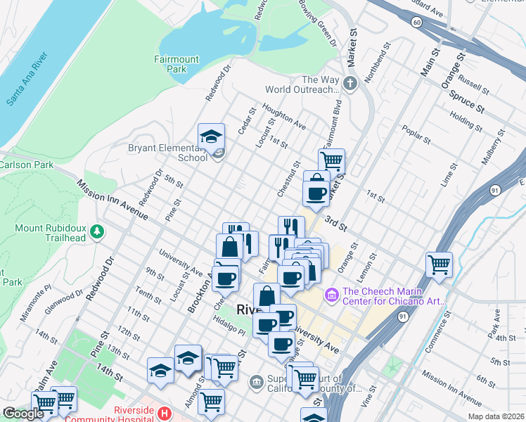 map of restaurants, bars, coffee shops, grocery stores, and more near 4036 4th Street in Riverside