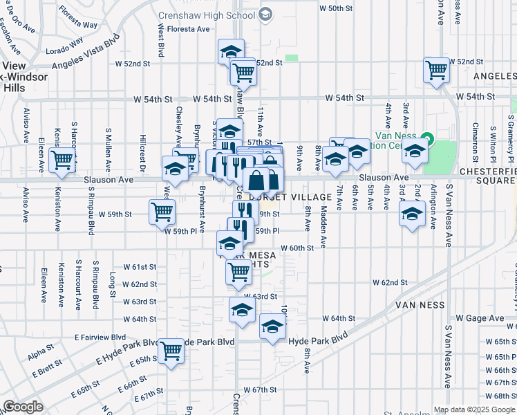 map of restaurants, bars, coffee shops, grocery stores, and more near 3236 West 59th Street in Los Angeles