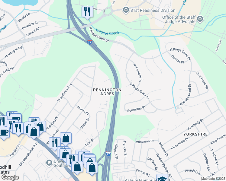 map of restaurants, bars, coffee shops, grocery stores, and more near 6530 Davidson Road in Columbia
