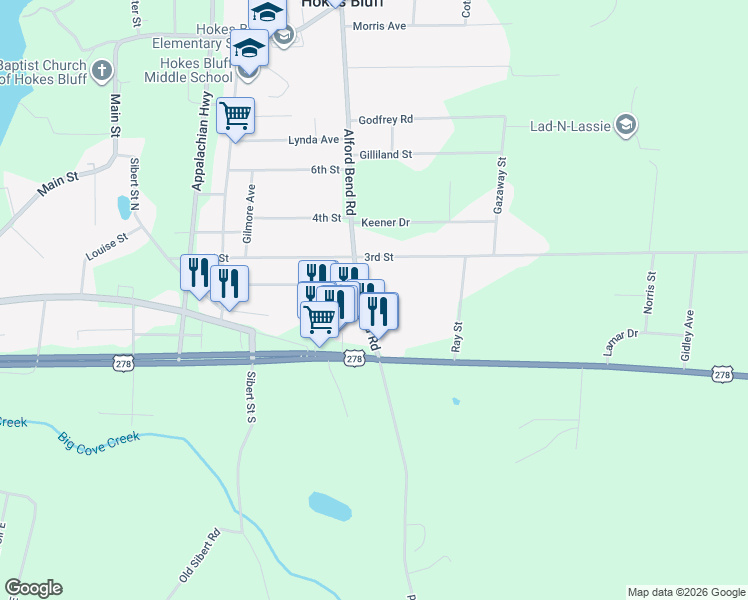 map of restaurants, bars, coffee shops, grocery stores, and more near 3627 Alford Bend Road in Gadsden