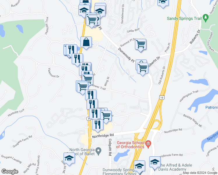 map of restaurants, bars, coffee shops, grocery stores, and more near 115 Towergate Place in Atlanta