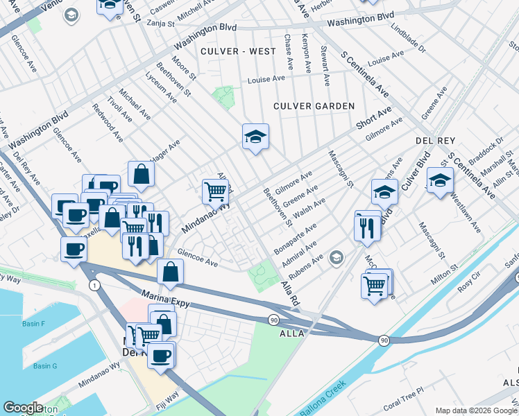 map of restaurants, bars, coffee shops, grocery stores, and more near 12930 Gilmore Avenue in Los Angeles